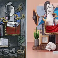 Side-by-side comparison of a Cubist painting of a seated figure with a trumpet and skull, and a 3D still-life photograph recreating the same objects