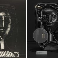 Side-by-side comparison of a sketched profile portrait and a 3D wire-mesh sculptural recreation of the same face
