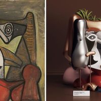 Side-by-side comparison of a Cubist portrait painting and a 3D still-life photograph recreating its forms with a metallic mannequin head and fabric