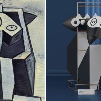 Side-by-side comparison of a Cubist painting of an owl-like figure and a 3D sculptural recreation of its geometric forms