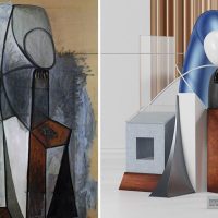 Side-by-side comparison of a Cubist painting of a seated figure and a 3D still-life photograph recreating its shapes and colors