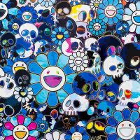 Colorful pattern of cartoon flower faces in the style of Takashi Murakami