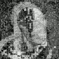 Pixelated black-and-white glitch portrait emerging from visual noise, from Shalala Salamzadeh's 'Visualization Alone'