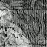 Glitch-distorted grayscale artwork with a faint human face beneath striped digital noise