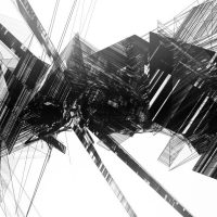 Abstract black-and-white 3D wireframe glitch artwork resembling architectural structures