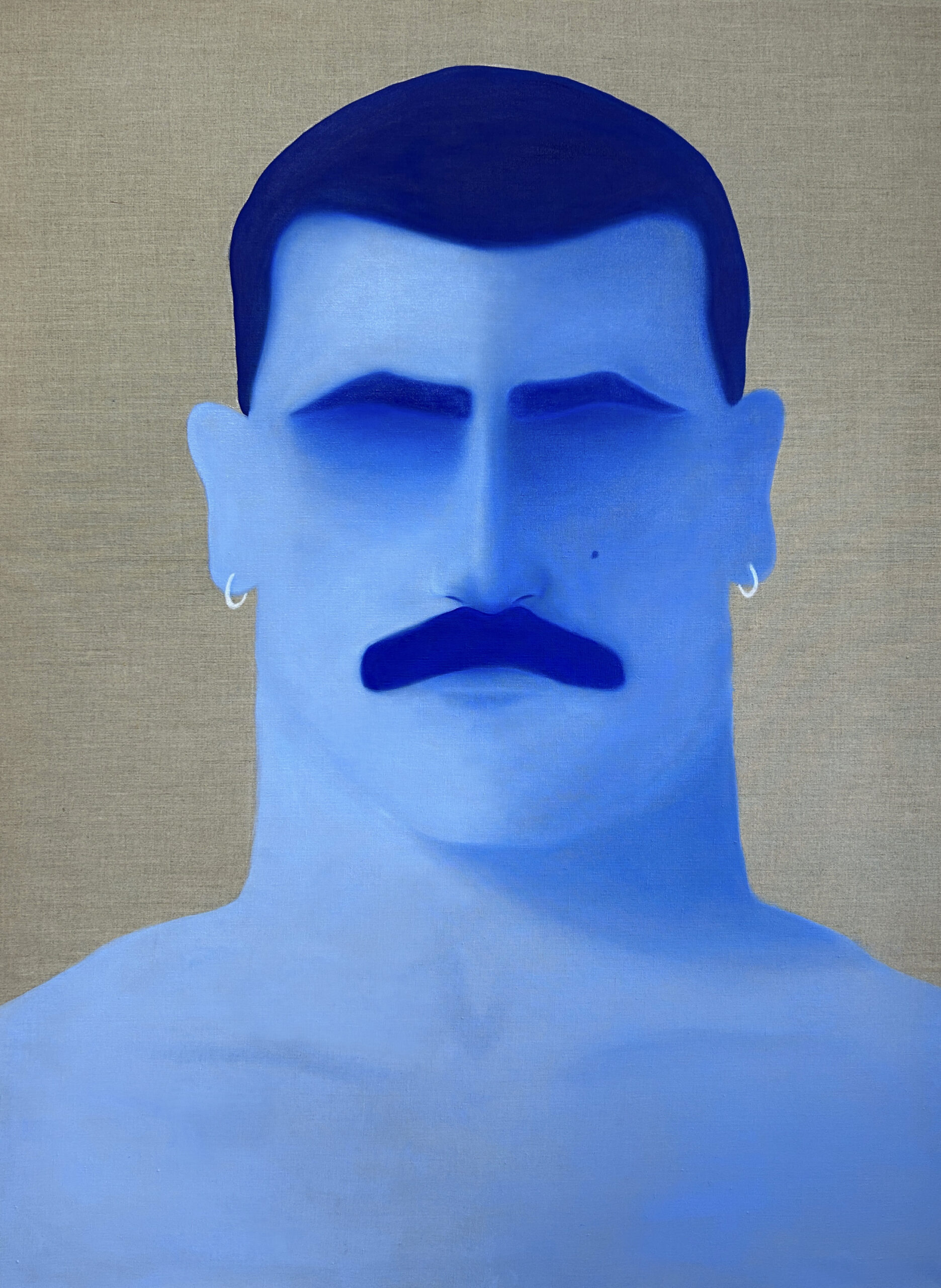 Blue-toned oil painting titled Minoo, portrait of an invented bearded man's face by André Teymouri, 120x90cm, 2026
