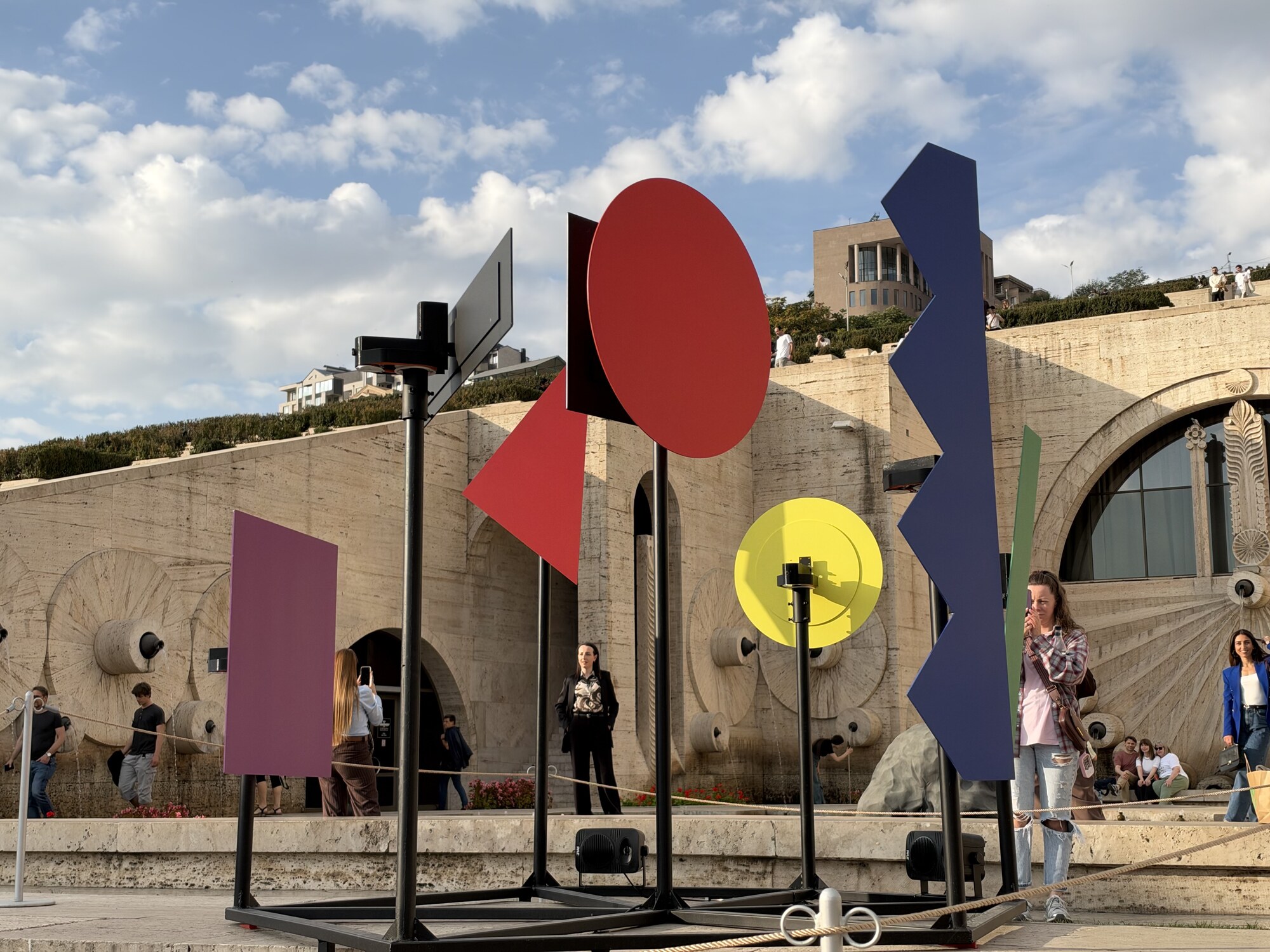Colourful geometric shapes on steel stands in Yerevan