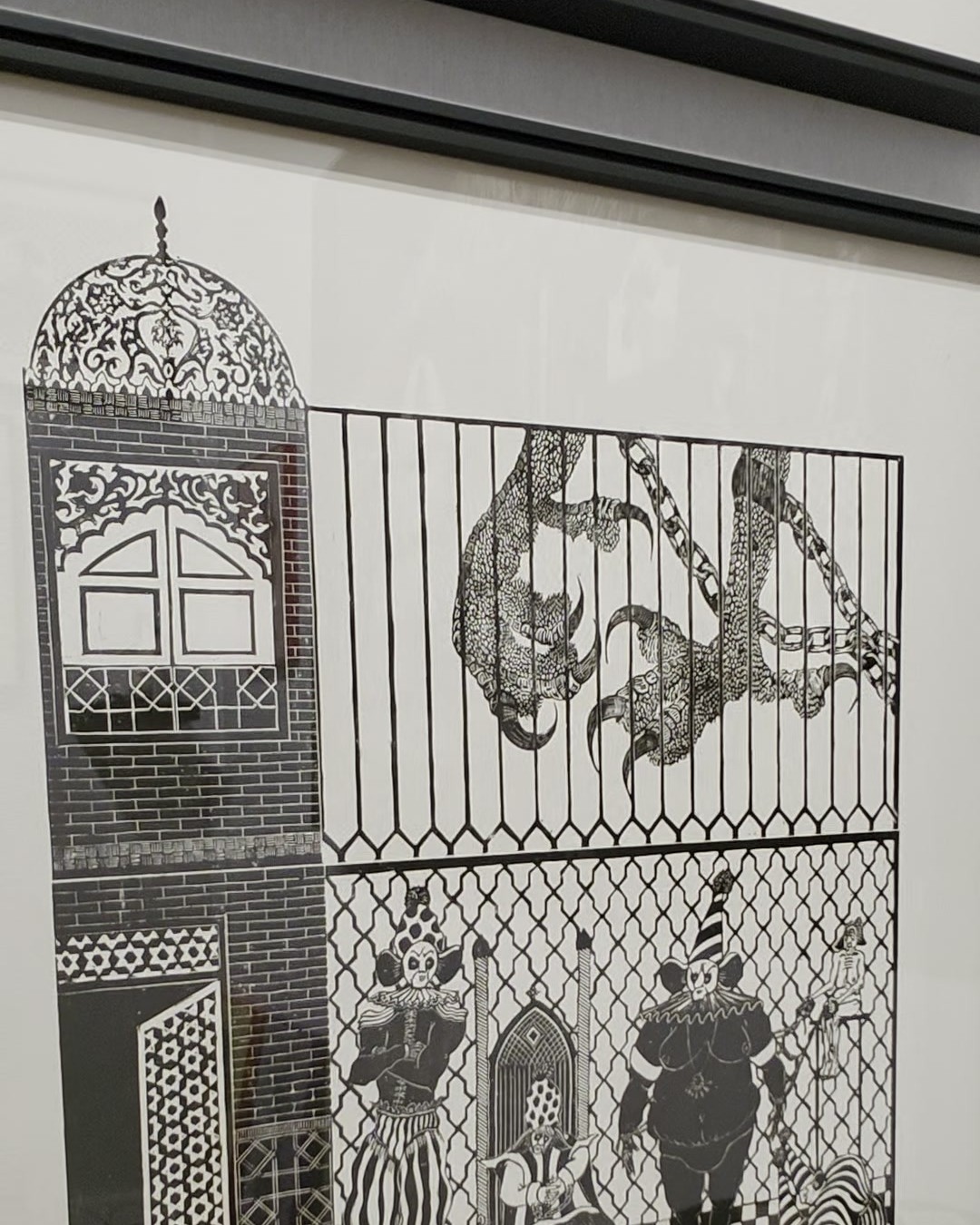 Black-and-white linocut by Mojdeh Atrak: an ornate arched doorway beside a barred gate with large clawed feet and chains, above costumed figures on a checkerboard floor