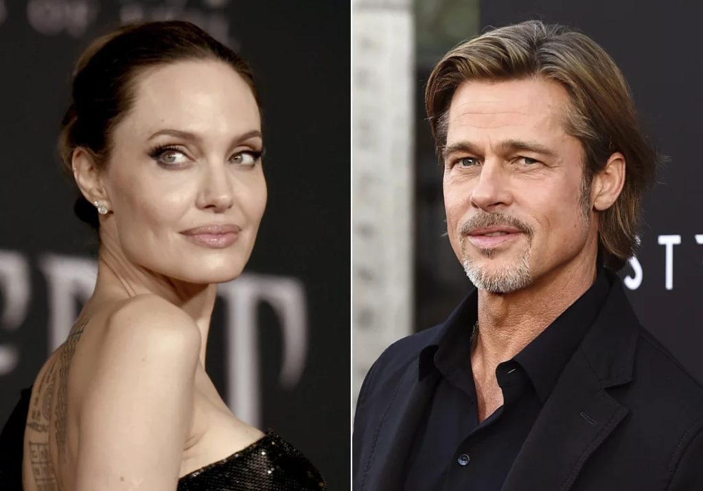 Left, Angelina Jolie at a premiere in Los Angeles on Sept. 2019; Right, Brad Pitt at a separate screening that same month. ‎/AP